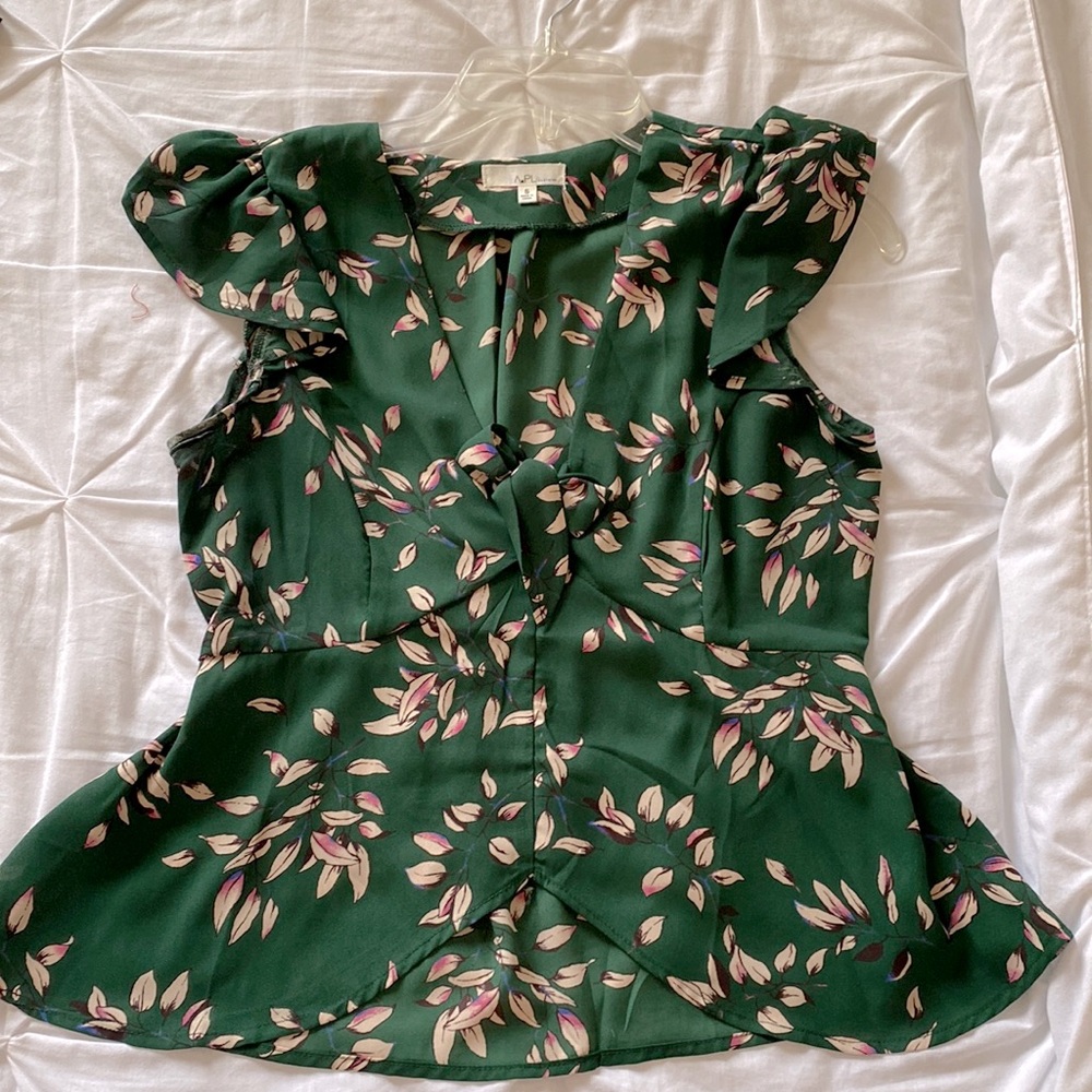 Green floral front tie blouse
